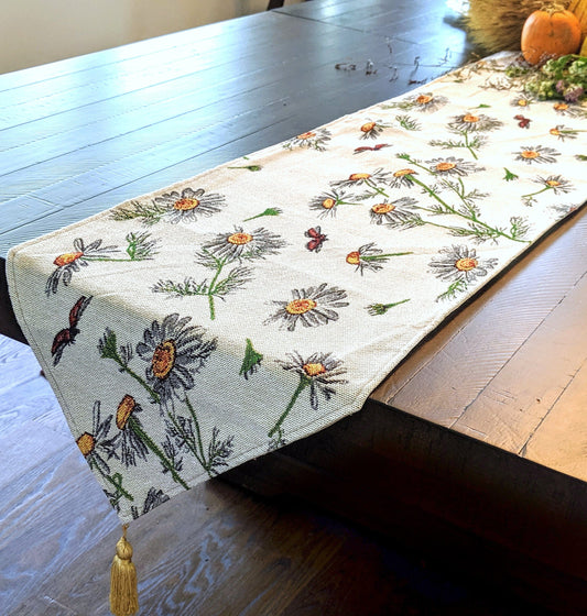 Tache Floral Yellow Daisies Ladybugs Ivory Woven Tapestry Table Runner (18114)-0