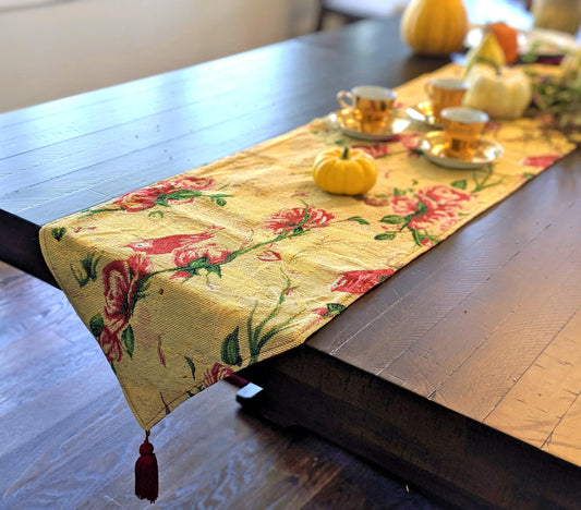 Tache Floral Red Roses Hummingbirds Golden Woven Tapestry Table Runner (18115)-0