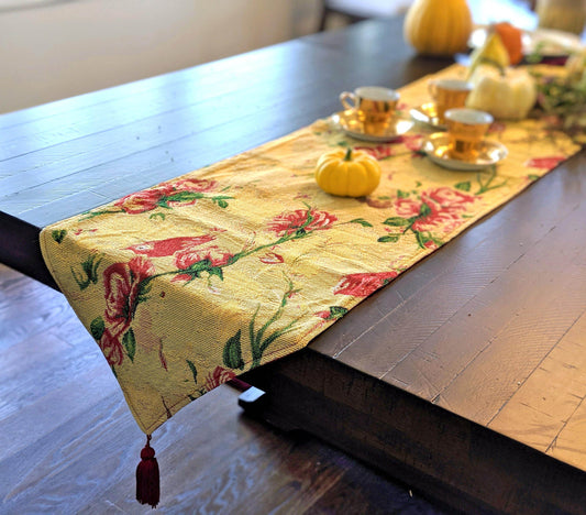 Tache Floral Red Roses Hummingbirds Golden Woven Tapestry Table Runner - Loft&Timber
