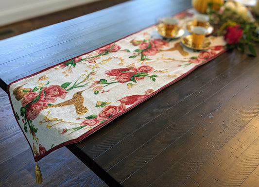 Tache Floral Red Roses Hummingbirds Ivory Woven Tapestry Table Runner (18109)-0