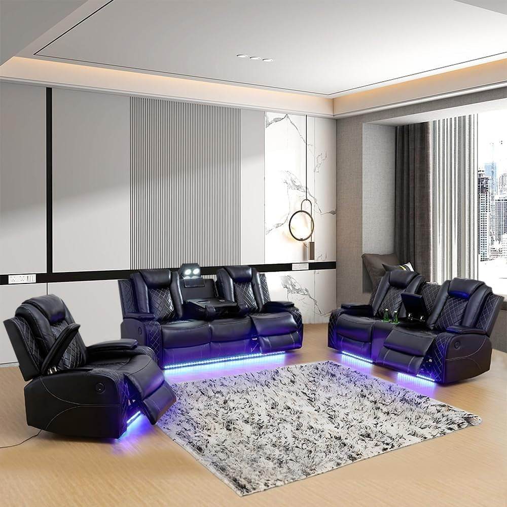Multifunction Power Recliner Couch Set with LED Light, Black - Loft&Timber