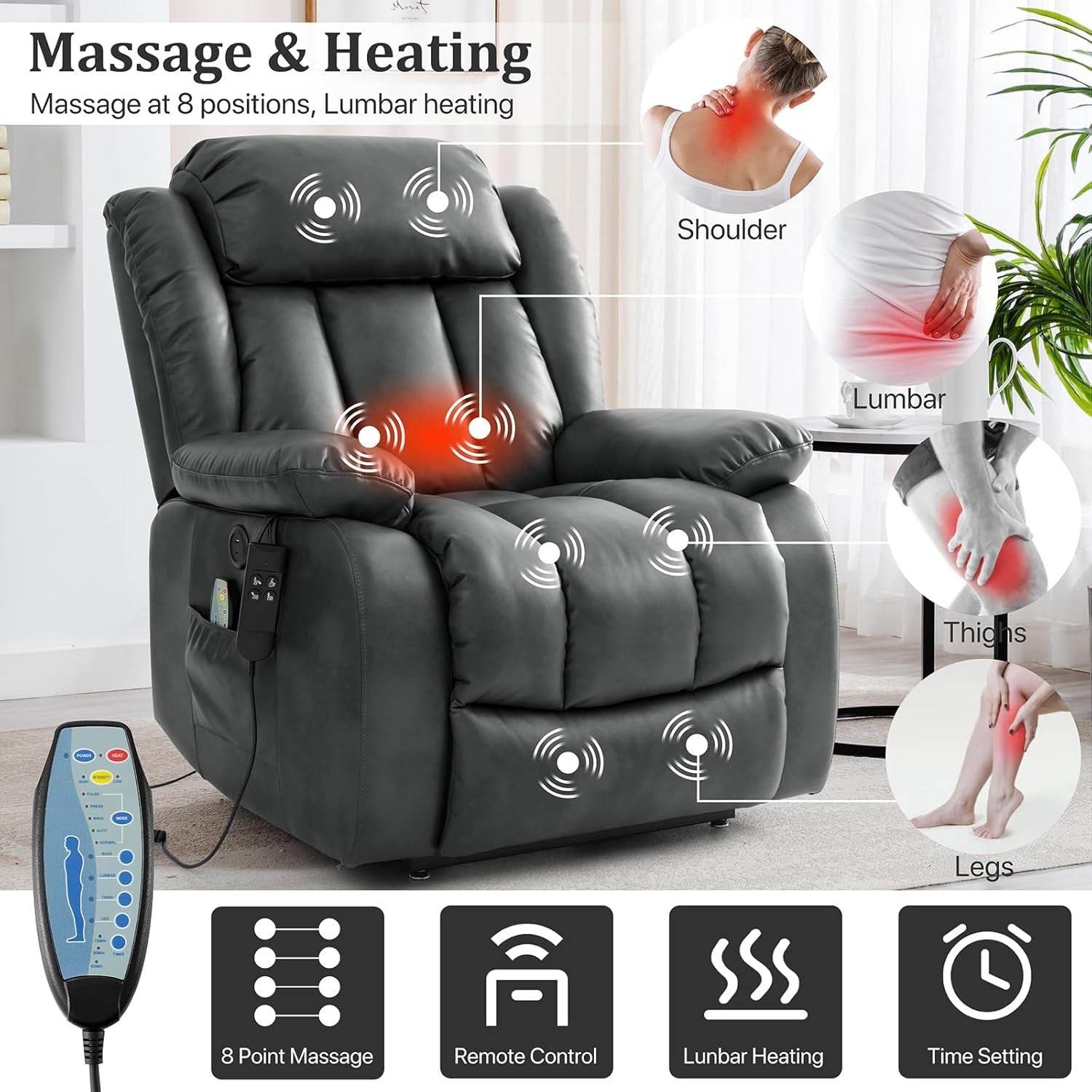 Dual Motor Large Power Lift Recliner Chair Recliners for Elderly, Infinite Position Recliner Chair with Heat and Massage, Breathable Leather(Gray) - Loft&Timber