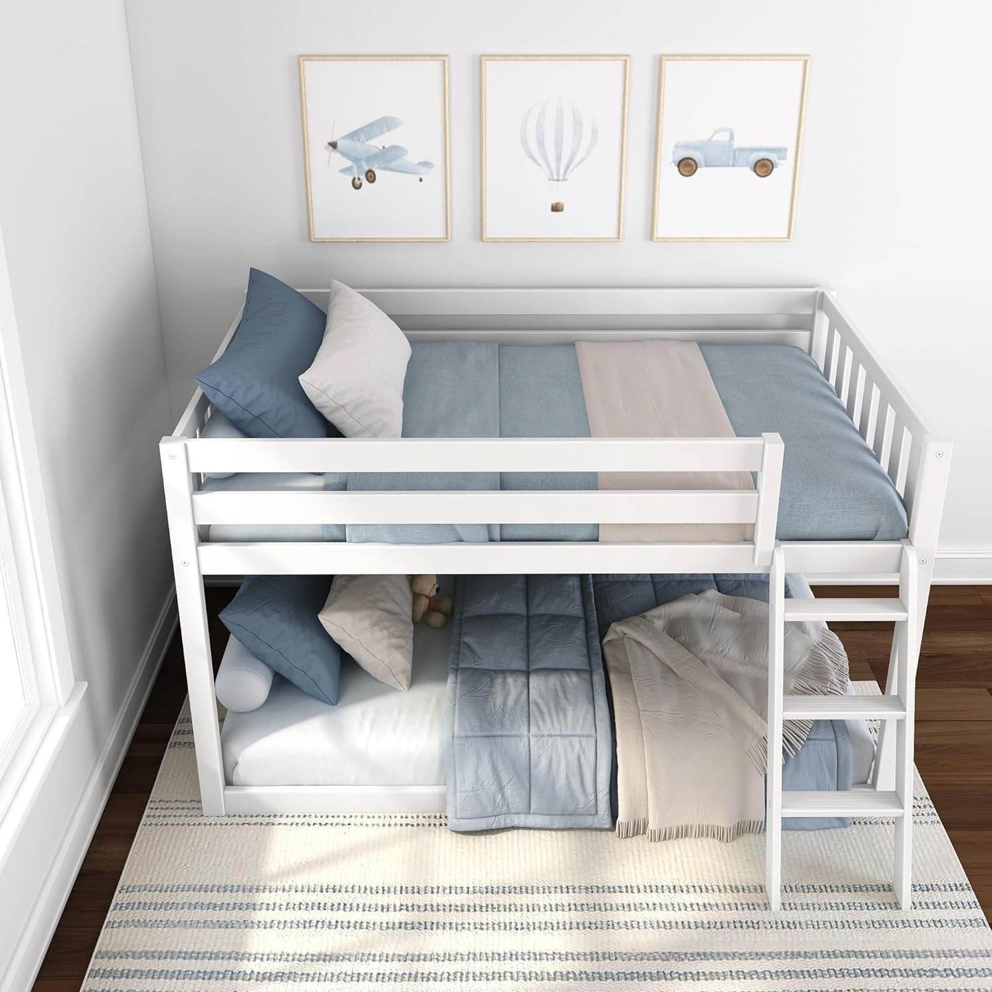 White Fundamental Twin Low Bunk Bed, Kids Solid Wood Modern Bed Frame - Loft&Timber