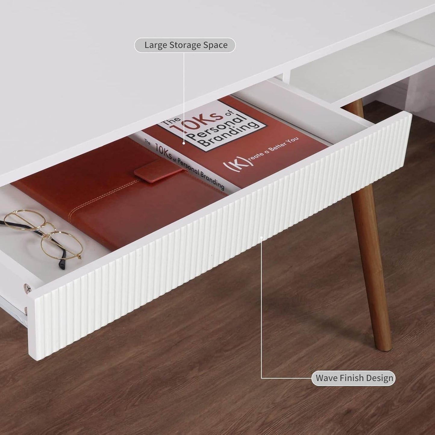 White Writing Desk with Drawers Mid Century Modern Desk, Wood Office Desk Computer Desk Vanity Desk for Small Space, White Desk with Walnut Legs - Loft&Timber