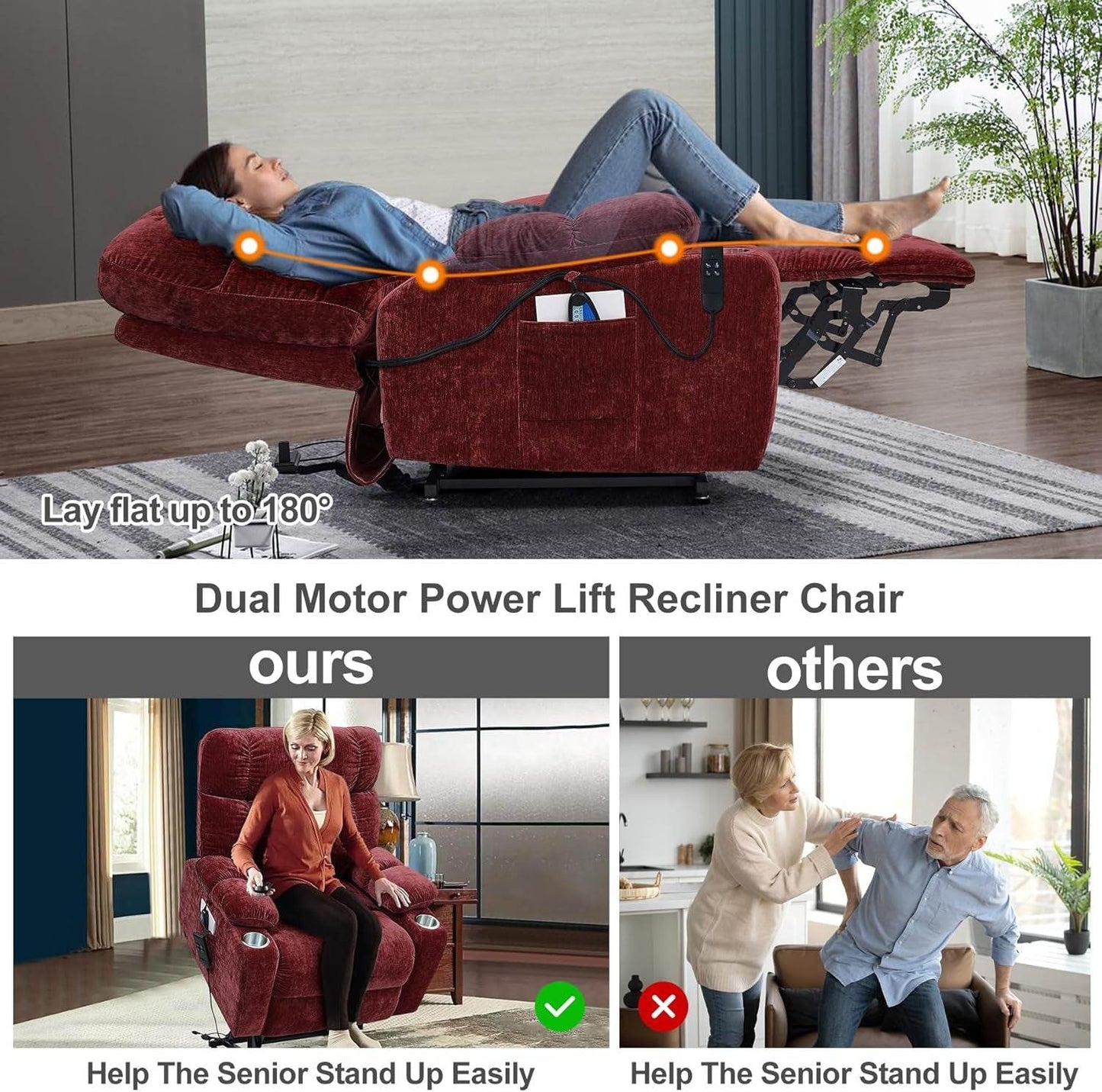 180 Degree Flat Sleeping Electric Dual OKIN Motor Lift Recliner Chair Red - Loft&Timber
