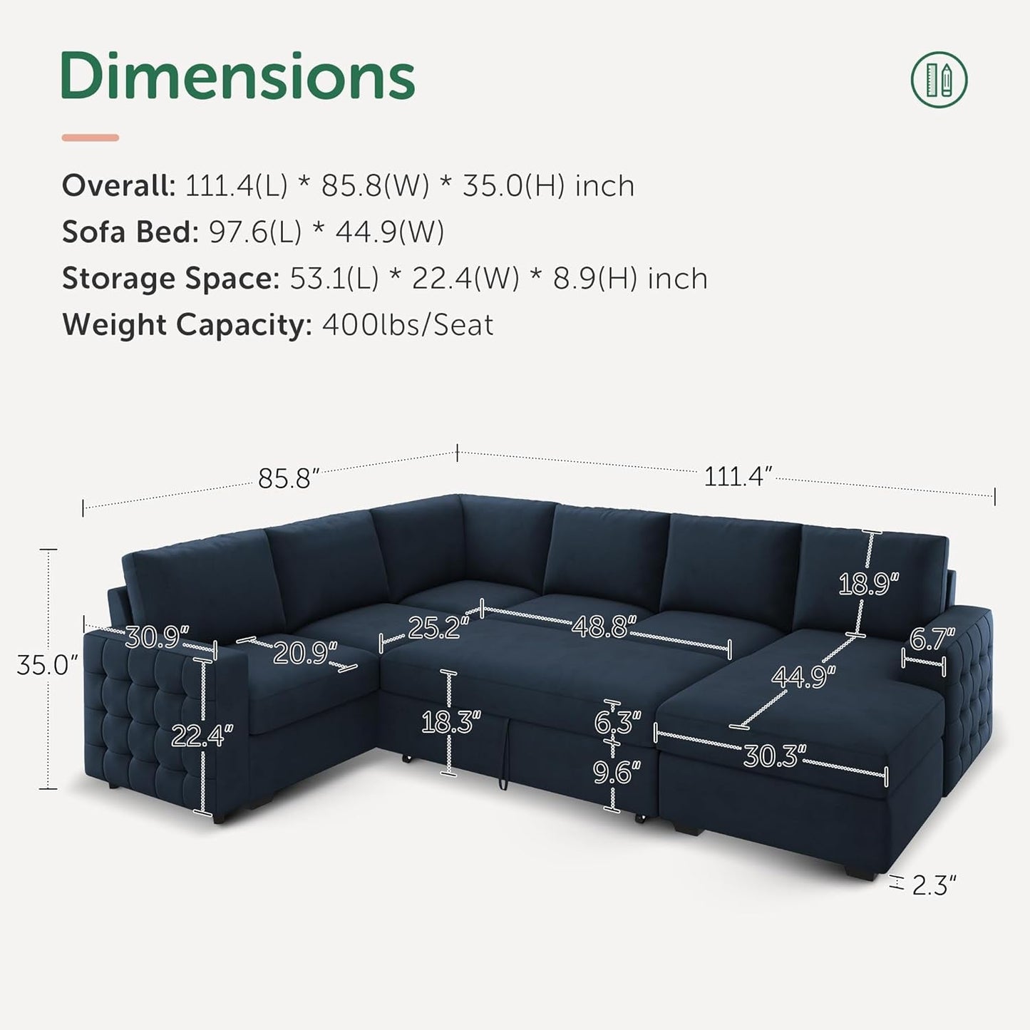 Velvet U-Sectional Sleeper Sofa, Pull-Out Bed, Blue-3