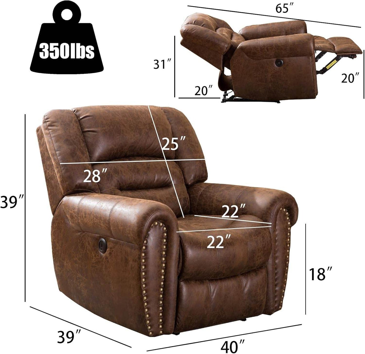 Electric Power Recliner Set of 2, Breathable Bonded Leather Reclining Chair Classic Home Theater Recliners Seating W/USB Port, Electric Recliner Chairs for Living Room (Nut Brown) - Loft&Timber