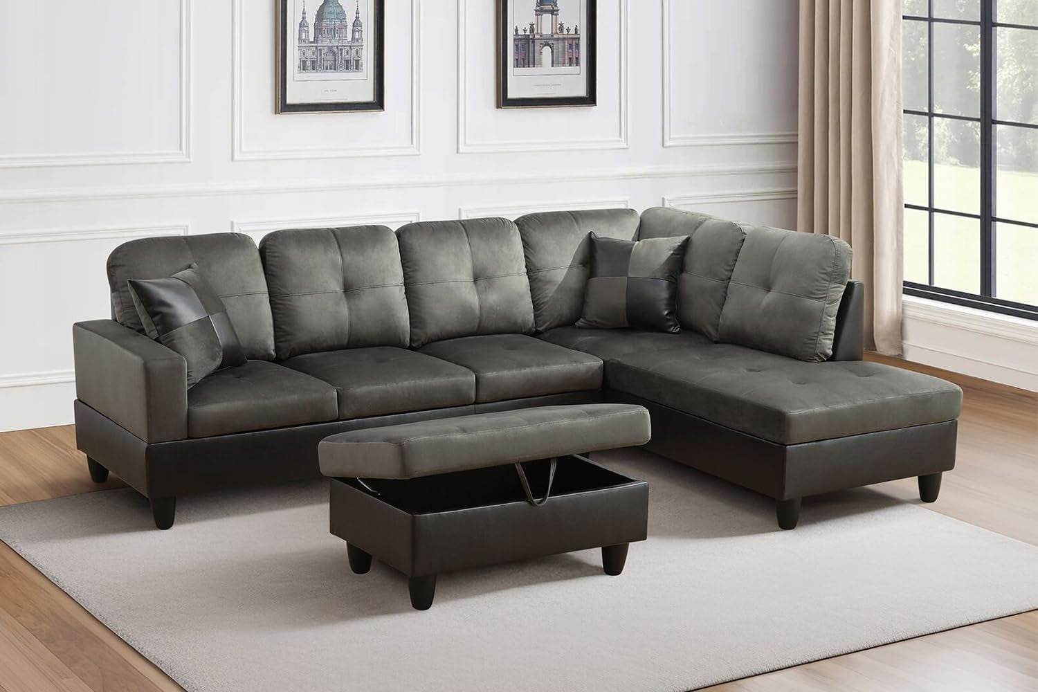 Taupe Sectional Couch for Living Room Set, 105 Inch Sectional Sofa L Shaped Couch with Storage Ottoman/Microfiber Fabric/Facing Right Chaise - Loft&Timber