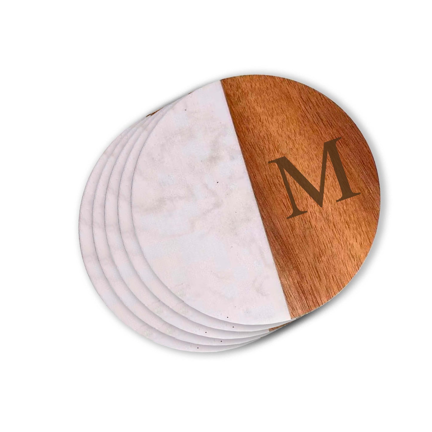Set Of 4 White Marble and Acacia Wood 4" Round Coasters - Loft&Timber