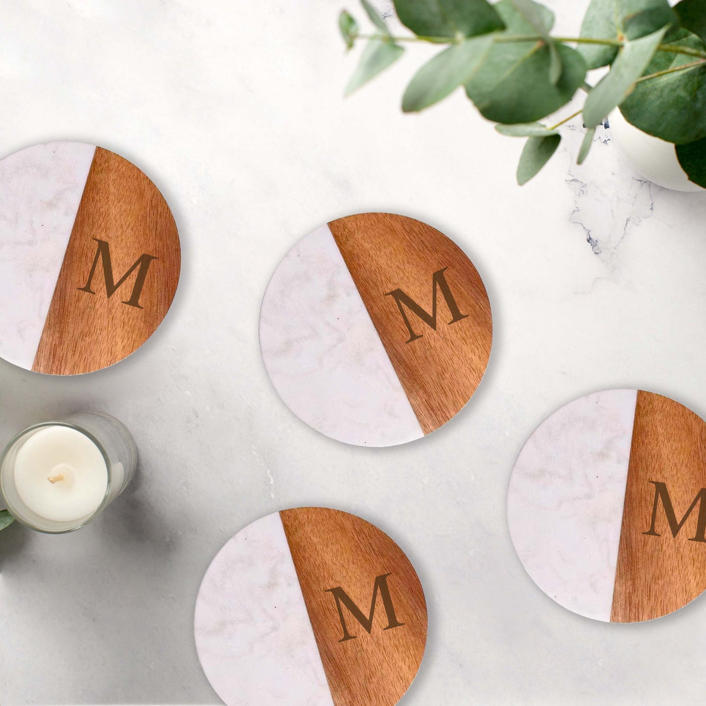 Set Of 4 White Marble and Acacia Wood 4" Round Coasters - Loft&Timber