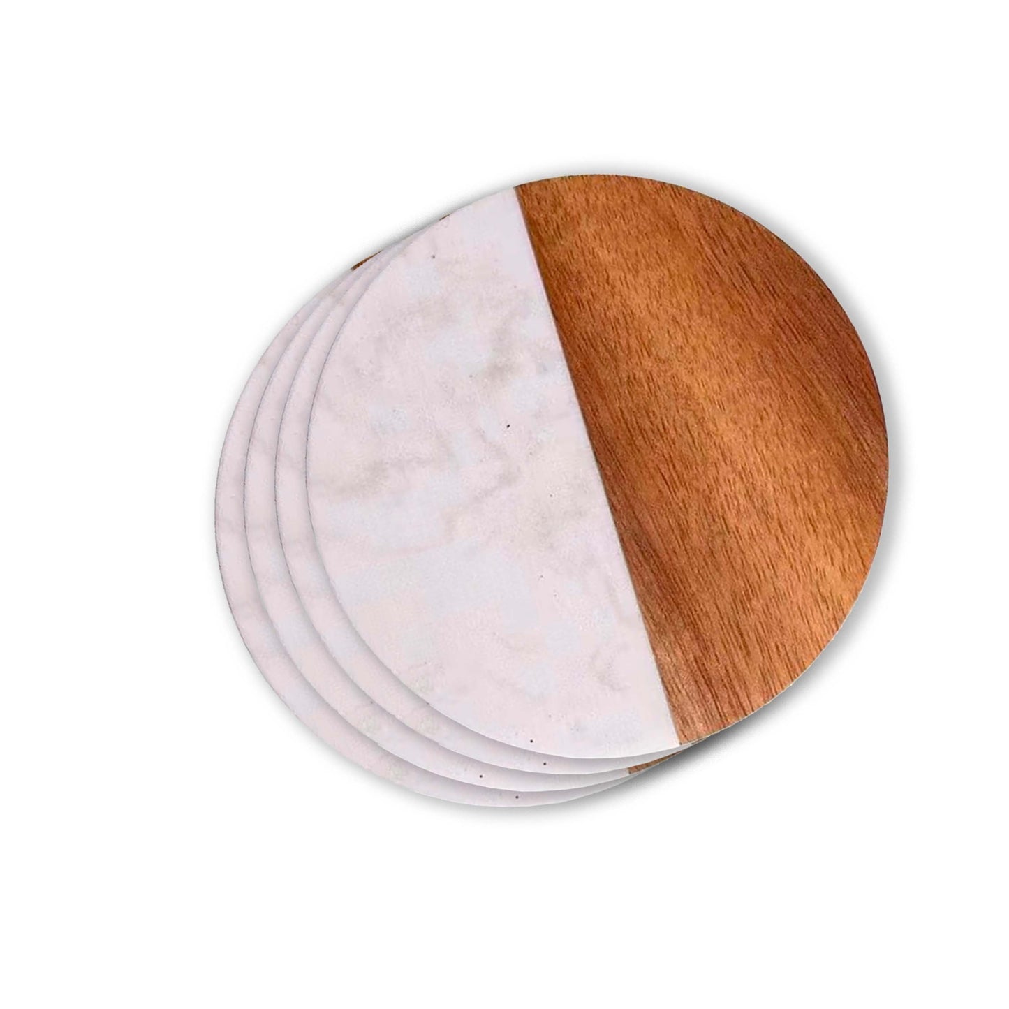 Set Of 4 White Marble and Acacia Wood 4" Round Coasters - Loft&Timber