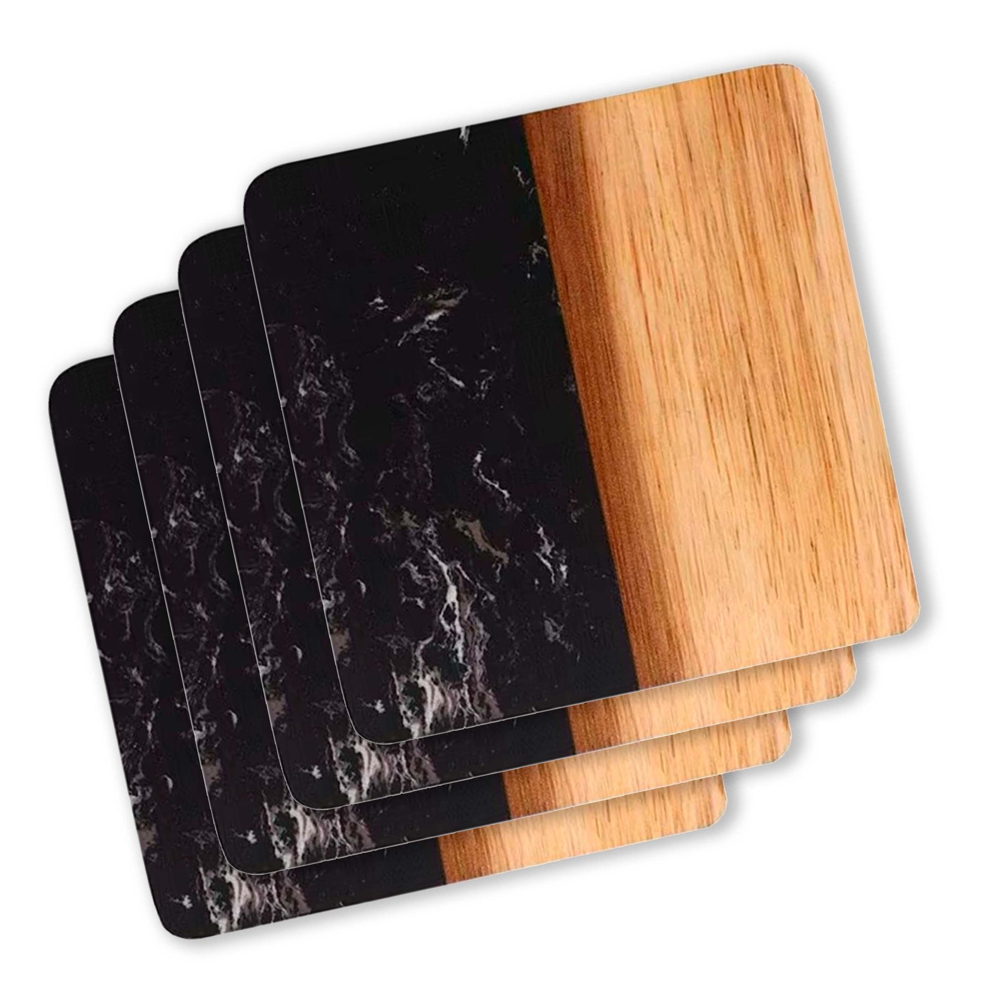 Set Of 4 Black Marble and Acacia Wood 4" Square Coasters - Loft&Timber