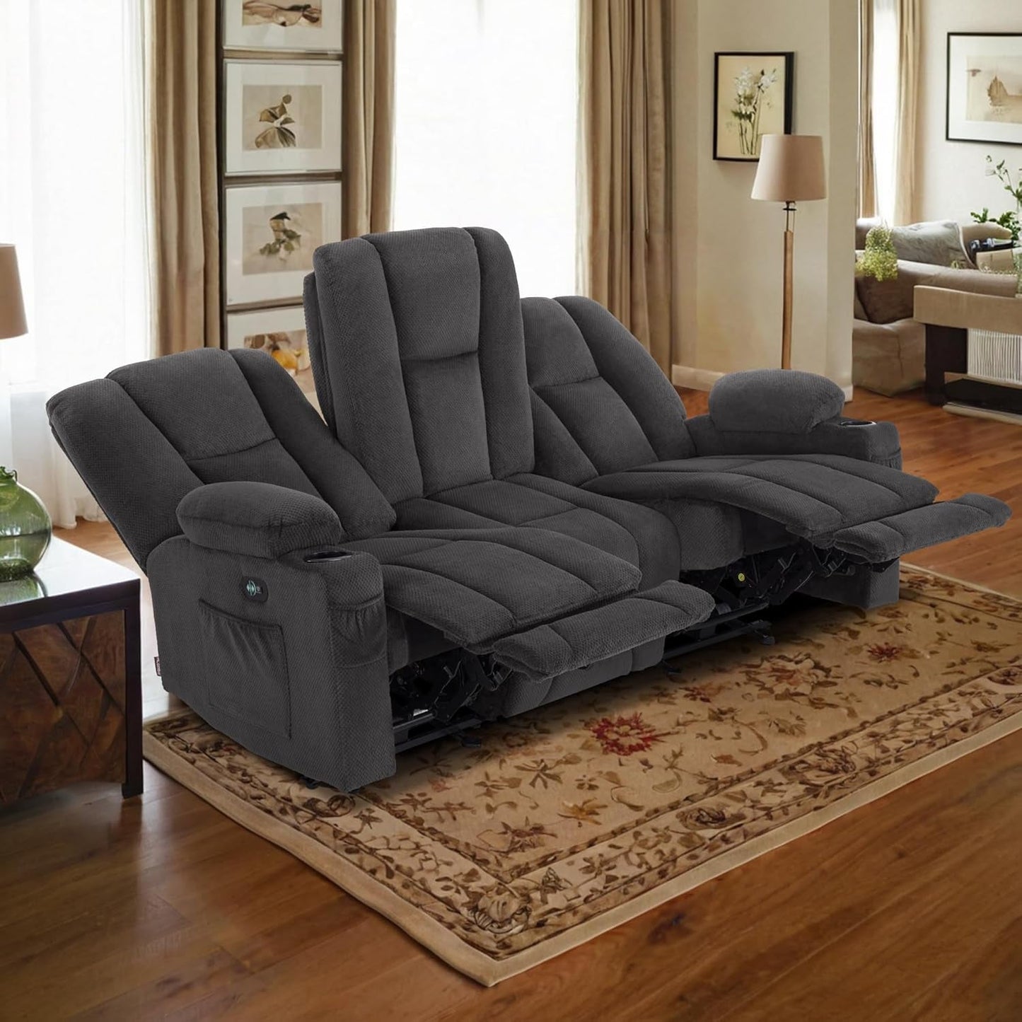 Power Reclining Sofa with Heat and Vibration,Usb Ports, Cup Holders,3-Seat Dual Recliner Sofa for Living Room 6015 (Gray)-1