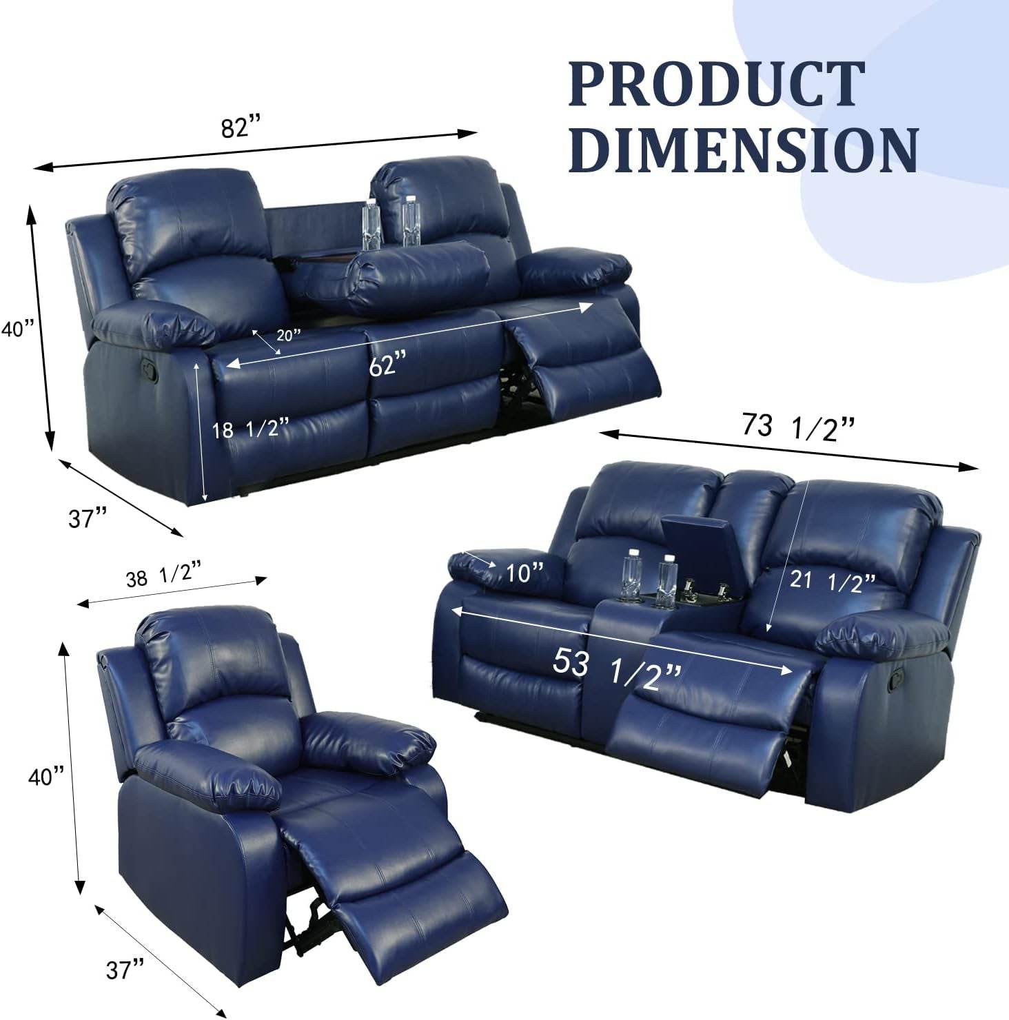 Manual Leather Recliner Sofa Set for Living Room Furniture Set for 3-Pieces(Sofa+Loveseat+Chair) Blue - Loft&Timber