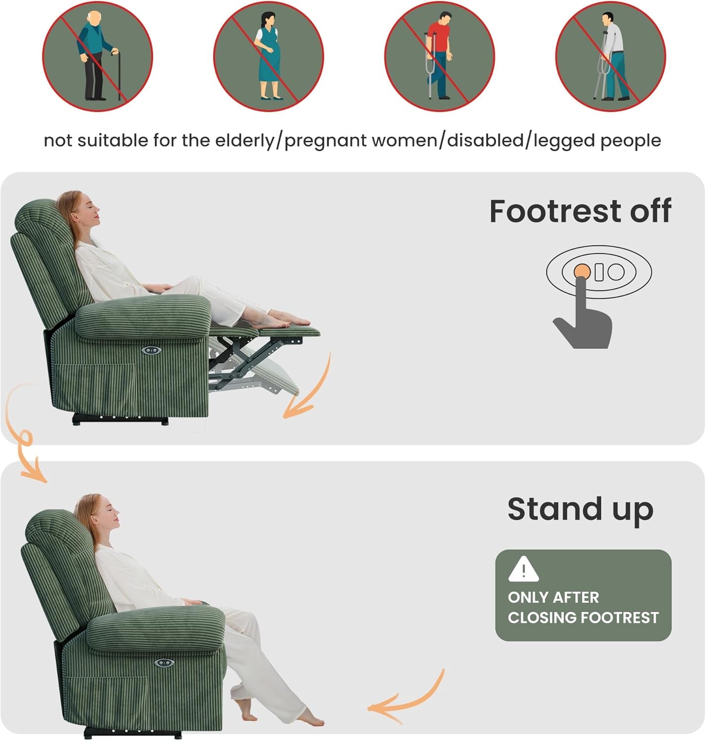 Upgraded 2024 New Power Recliner Chair for Adults, Adjustable Electric Chair Power Reclining Sofa, USB Port, Ultra-Comfy Corduroy Recliner for Living Room, Tool-Less Assembly Single Sofa Green-2
