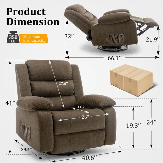 Recliner Chair, Wide Rocker Chair, Rocking Chair with Massage and Heat,360°Swivel Nursery Rocking Chairs, Oversized Recliner for Adults, Cashmere Reclining Sofa for Living Room, Brown - Loft&Timber
