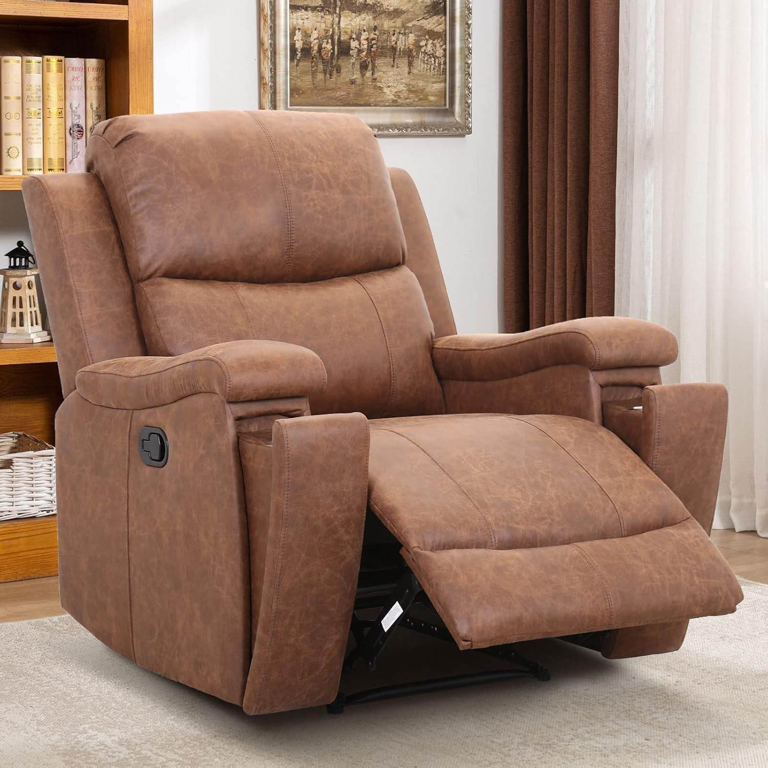 Leather Recliner Chair, Classic and Traditional Manual Recliner Chair with Overstuffed Arms and Back, Manual Single Sofa with Concealed Cup Holders, Brown - Loft&Timber