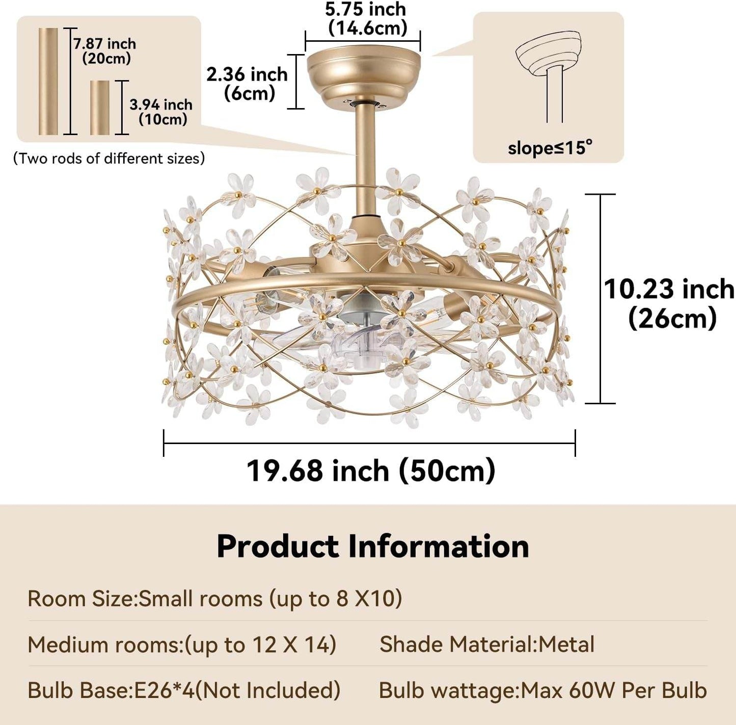20 Inch Gold Caged Ceiling Fan with Light, Flower Chandelier Ceiling Fan with Lights Remote Control, Modern Crystal Fandelier 6 Speeds for Girl'S Bedroom, Living Room - Loft&Timber
