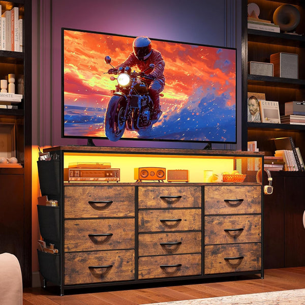 Dresser TV Stand with 10 Drawers for 55" TV Stand for Bedroom with LED Lights & Power Outlets Wide Dresser for Bedroom with Shelves & Side Pockets Sturdy Metal Frame & Wood Top, Rustic Brown-0