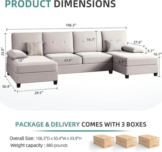 Sectional Sofa Couches for Living Room, U Shaped Sofa Living Room Furniture Sets, 4 Seat U Shaped Sofa Sectional Couch with Chaise, Beige - Loft&Timber