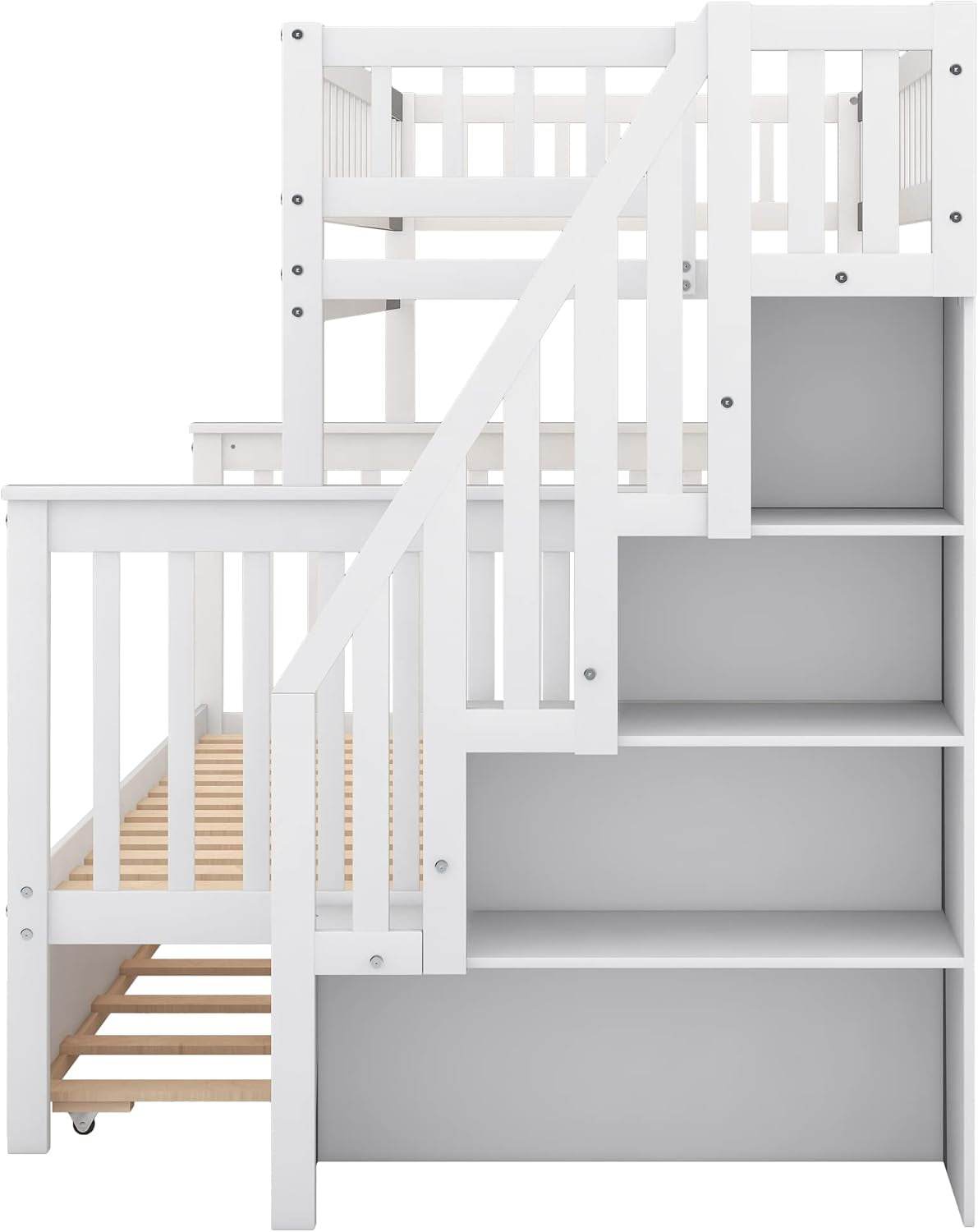 Twin over Full Bunk Beds with Twin Size Trundle & Stairway, Solid Wood Bunk Bed Twin over Full Size with Storage and Guard Rail for Bedroom, Dorm, Kids, Teens,Adults,White-3