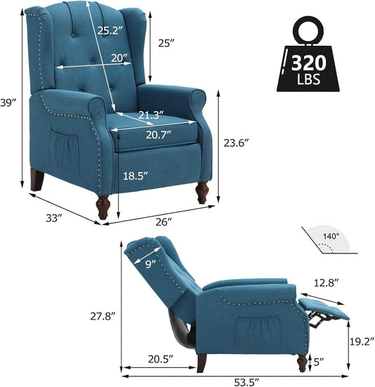 Wingback Recliner Chair with Massage and Heat Tufted Fabric Push Back Recliner Chair for Living Room Vintage Recliner Chair with Remote Control, Padded Cushion, Backrest, Wooden Legs - Loft&Timber