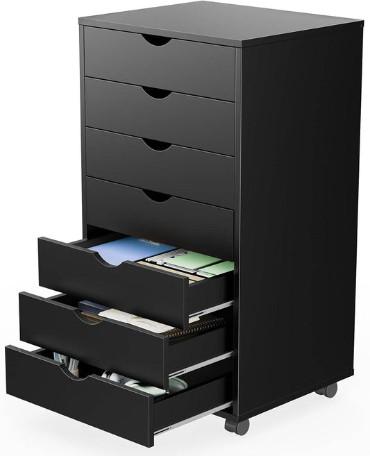 7 Drawer Chest Mobile Storage Cabinets Wooden Dresser with Wheels in Black - Loft&Timber
