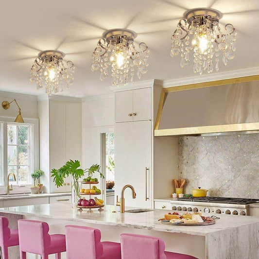 Small Crystal Chandelier Flush Mount Ceiling Light Fixtures Modern Mini Chandelier Light Fixture for Hallway Entryway Bedroom Bathroom Kitchen,Chrome Metal,Clear K9 Crytal - Loft&Timber