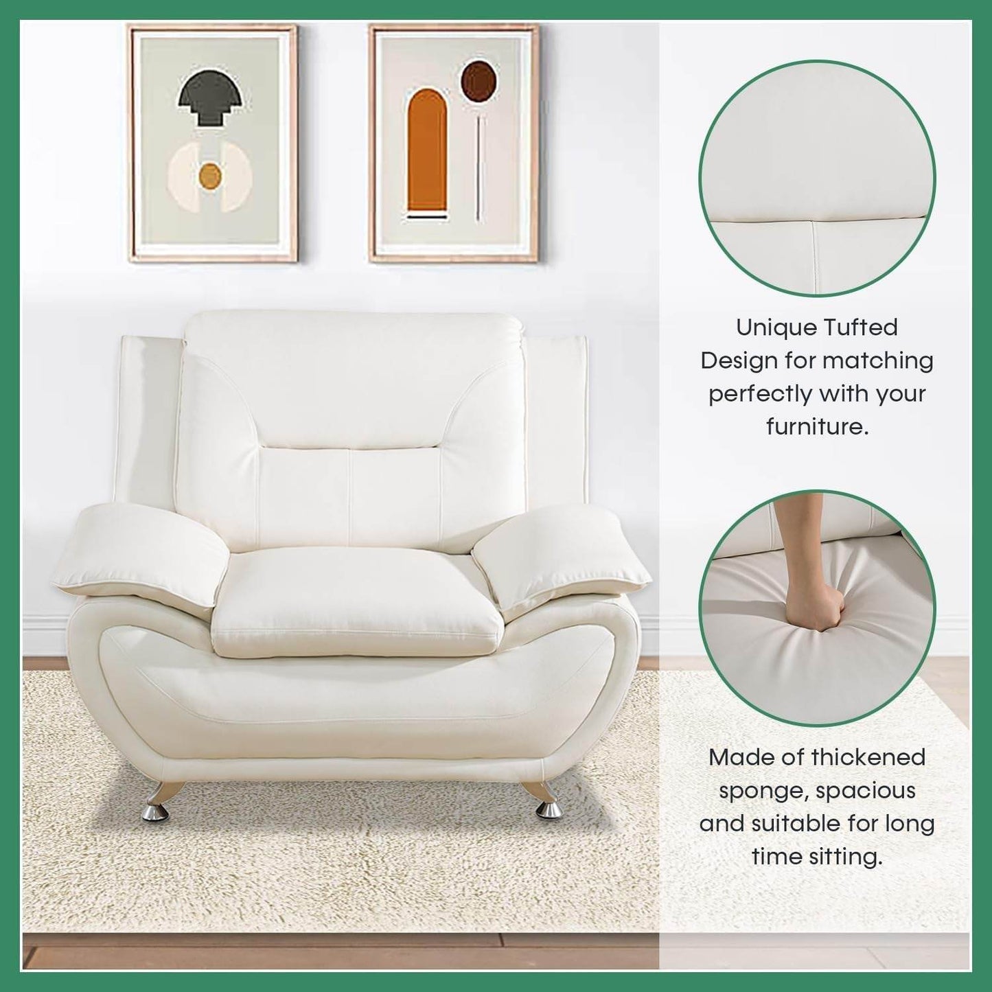 Leather Sofa Set,Leather Sofa Set for Living Room Furniture Sets, Loveseat Sofa with Chair 3-Piece for Living Room/Office/Apartment(White) - Loft&Timber