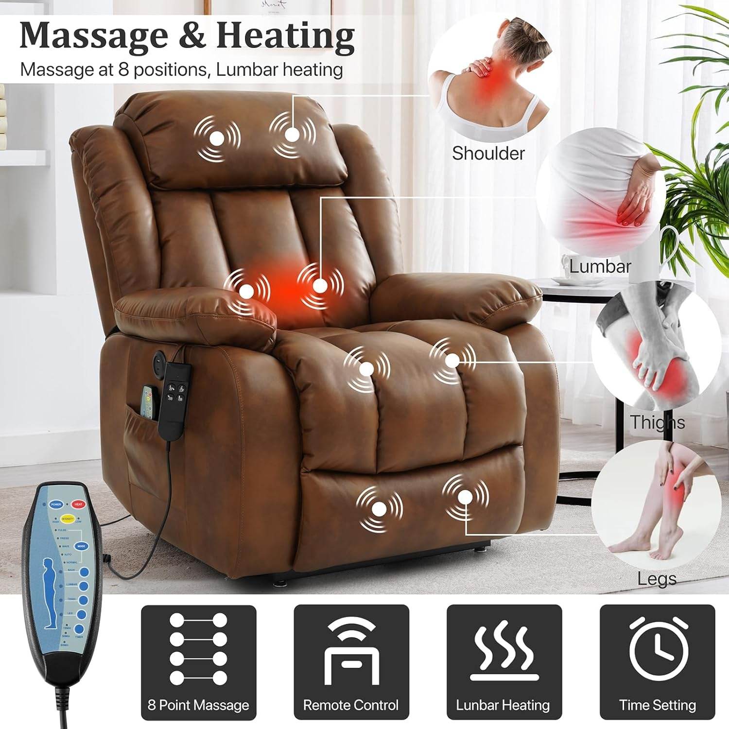 Dual Motor Large Power Lift Recliner Chair Recliners for Elderly, Infinite Position Recliner Chair with Heat and Massage, Breathable Leather(Ochre) - Loft&Timber