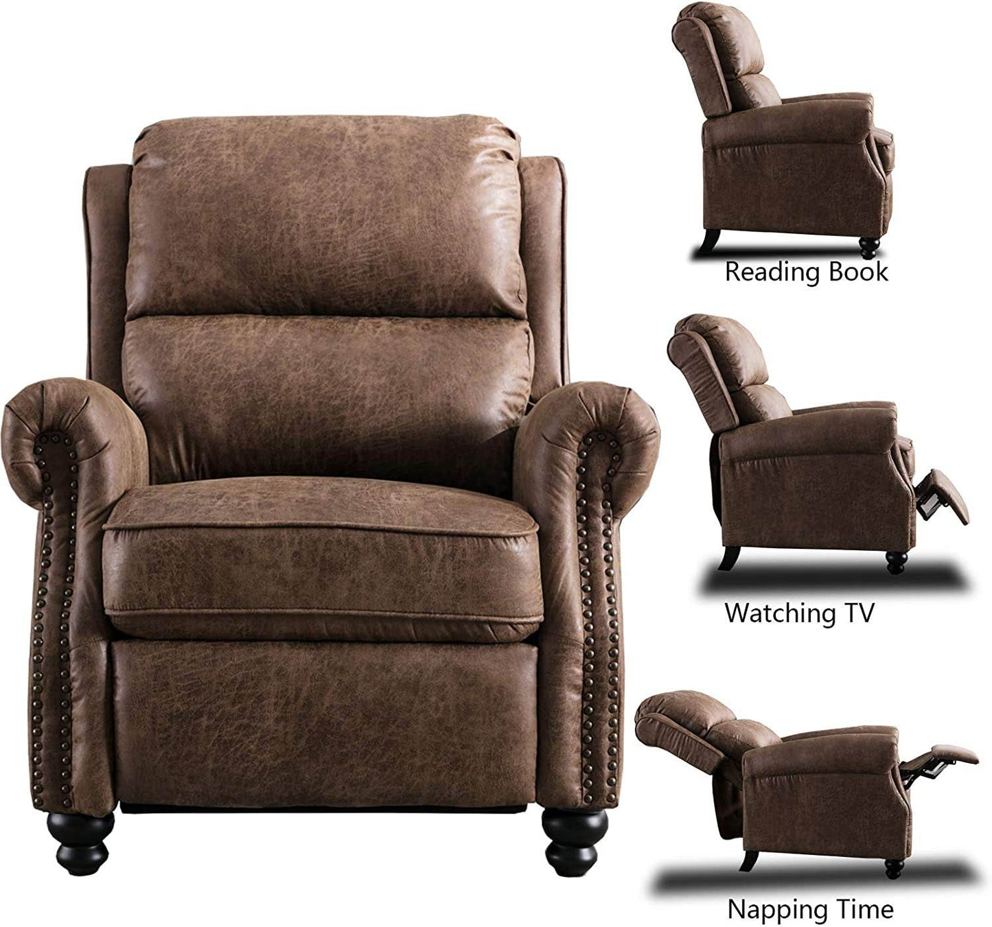 Pushback Recliner Chair, Leather, Rivet Decoration, Chocolate - Loft&Timber