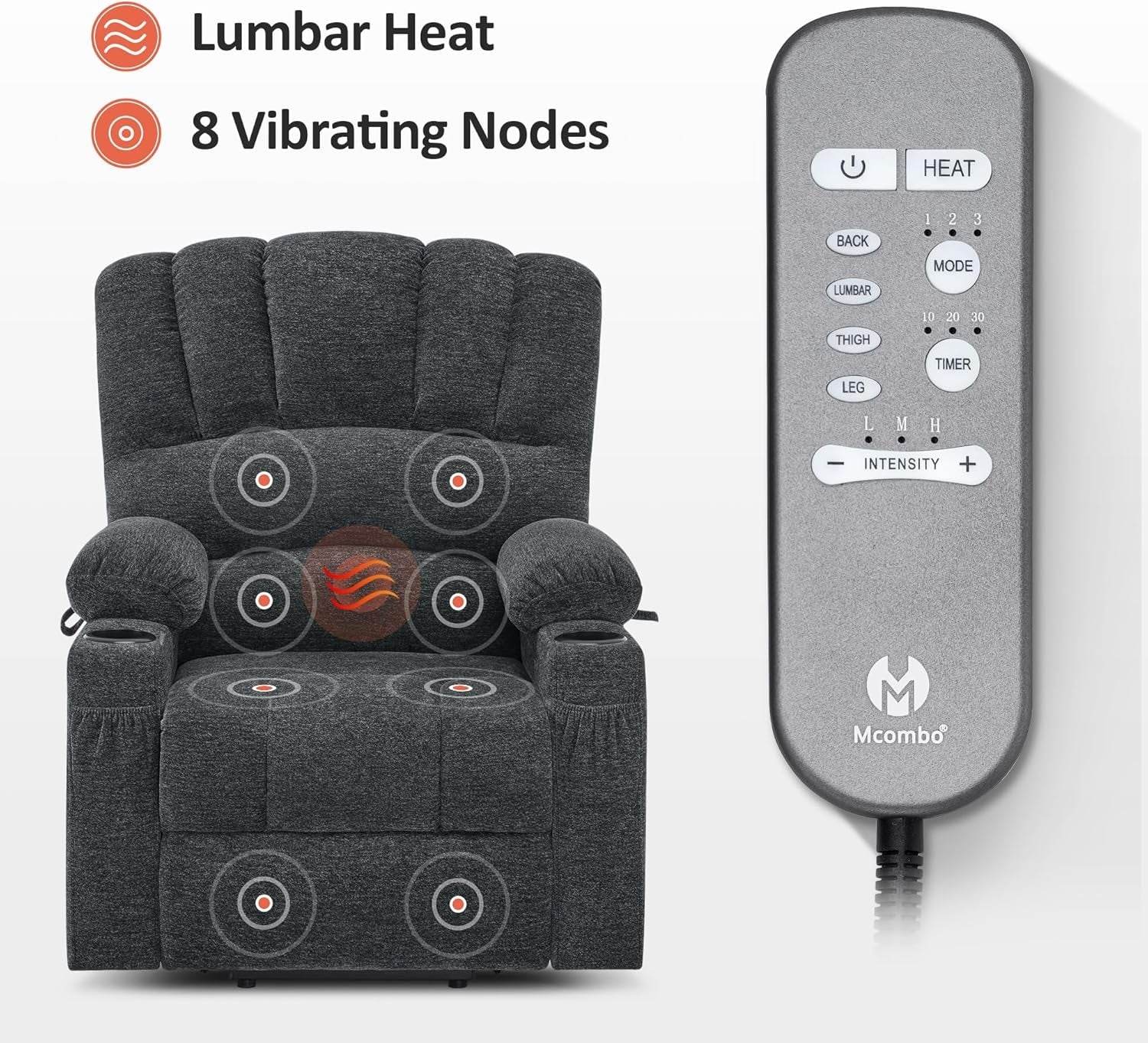 Dark Grey Power Lift Recliner Massage, Heat, USB - Loft&Timber