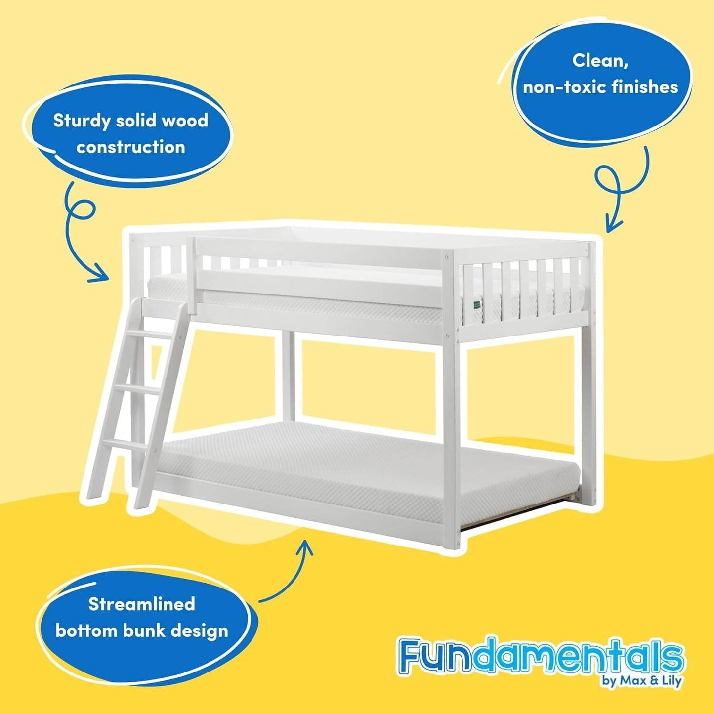 White Fundamental Twin Low Bunk Bed, Kids Solid Wood Modern Bed Frame - Loft&Timber