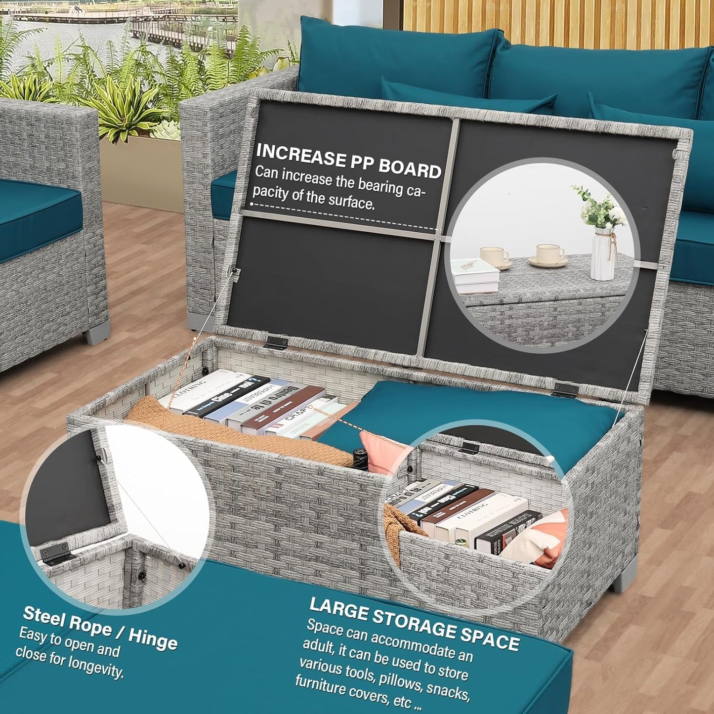 Patio Furniture Set 6 Piece Outdoor Grey Wicker With Peacock Blue Cushions-4