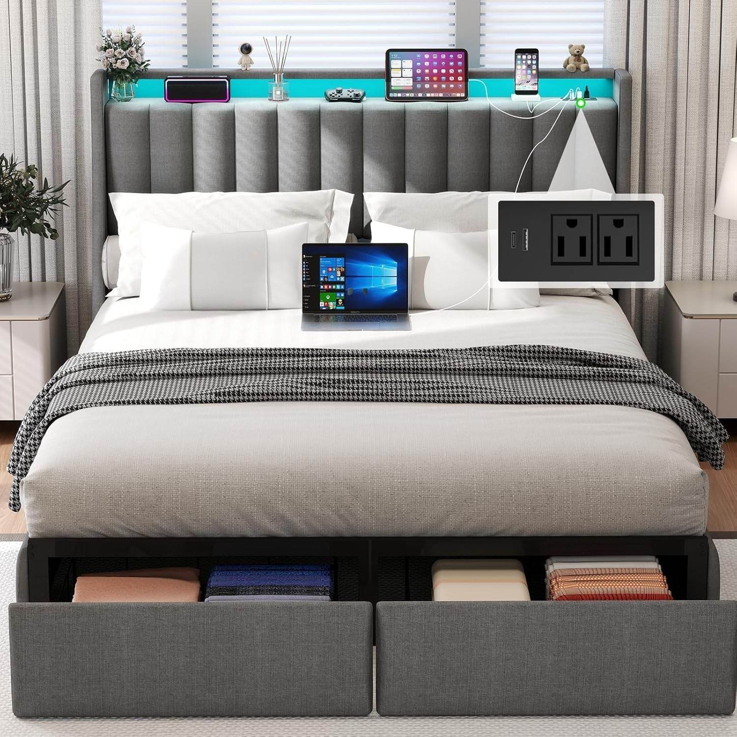 Queen Bed Frame with 2 Storage Drawers, Platform Bed Frame Queen Size with LED Light in Gray - Loft&Timber