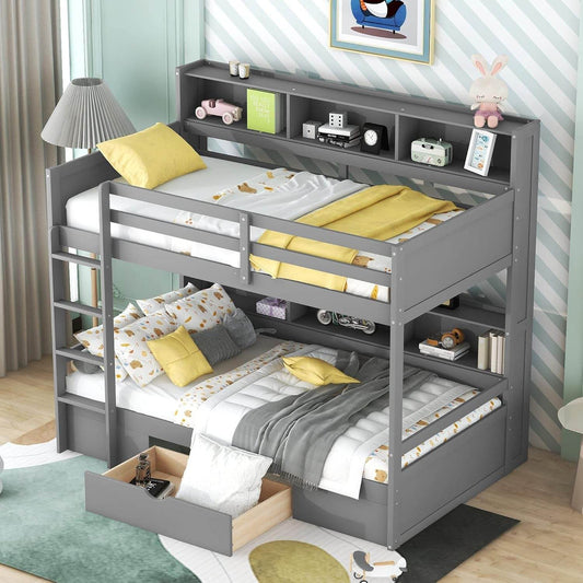 Bunk Bed Twin over Twin with Storage,Wood Twin Bunk Beds with Built-In Shelves beside Both Upper & down Bed,Multi Storage Bunk Beds with Drawer for Kids Girls Boys, Grey - Loft&Timber