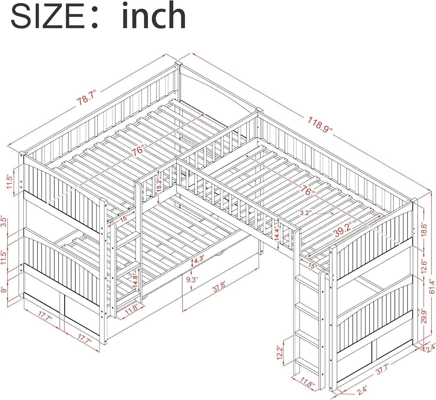 Triple Bunk Bed for Kids L Shaped Bunk Bed Solid Wood Twin over Twin over Twin Bed with 2 Drawers and 2 Ladders, No Box Spring Needed, Gray - Loft&Timber