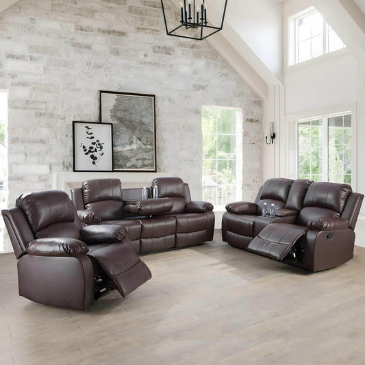 Manual Leather Recliner Sofa Set, 3-Pieces(Sofa+Loveseat+Chair) in Brown - Loft&Timber
