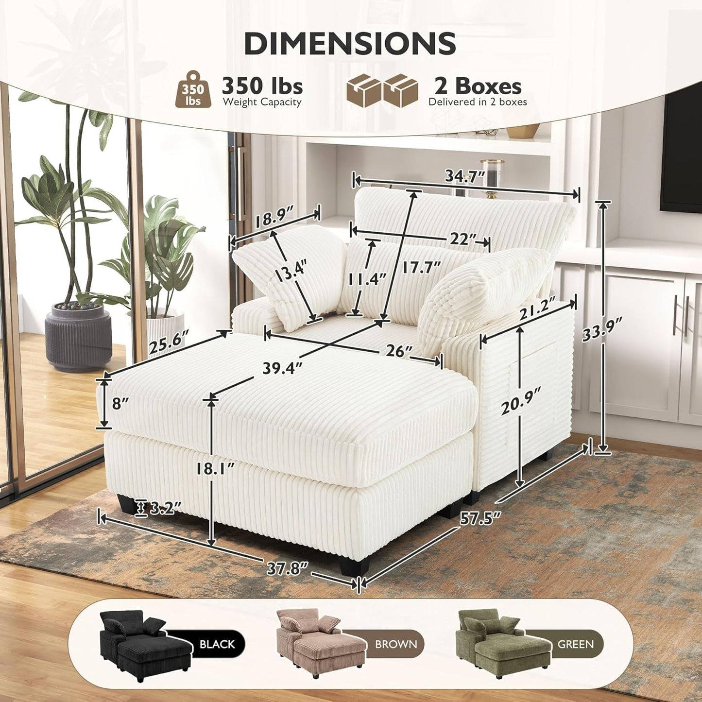 Chaise Lounge Chair Indoor with Ottoman, 57.52 "D Oversized Sleeper Chair, Corduroy Upholstered Comfy Sofa for Bedroom, Living Room, Office(Beige) - Loft&Timber