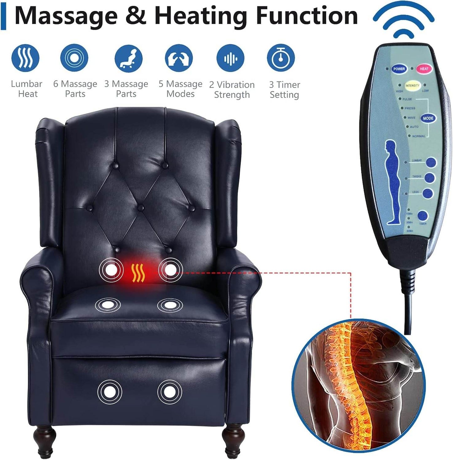 Wingback Recliner Chair with Massage and Heat - Loft&Timber