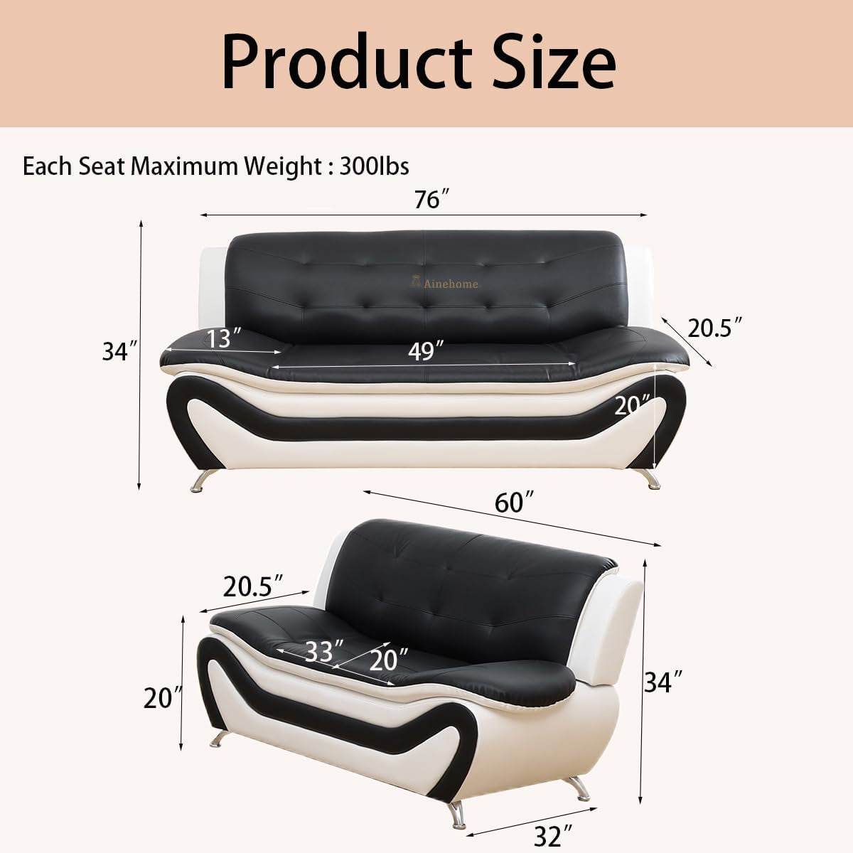 Sectional Sofa Sets, 5-Seat Sofa in Black/White, Sofa+Loveseat - Loft&Timber