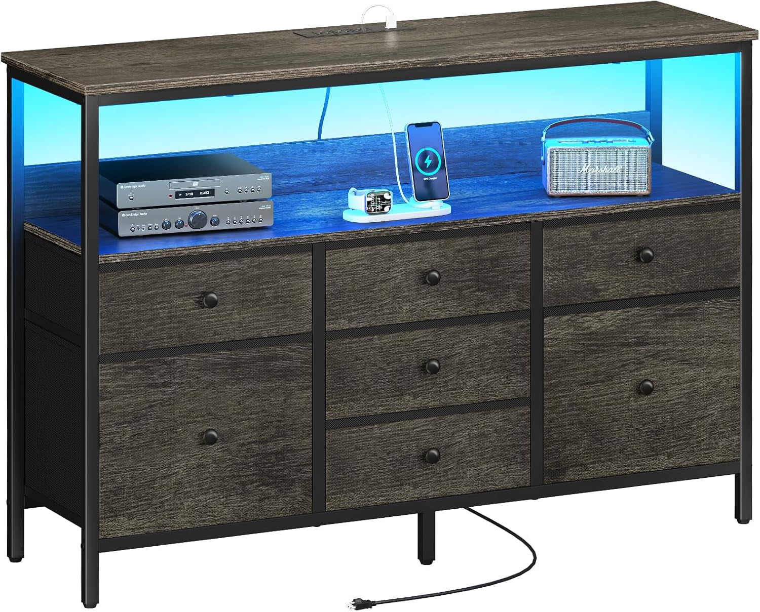 TV Stand Dresser for Bedroom, 7 Fabric Drawers Entertainment Center, LED Dressers with Power Outlets, TV Stands for Living Room with Storage Shelf, TV Console Entertainment Stand up to 50" TV-0