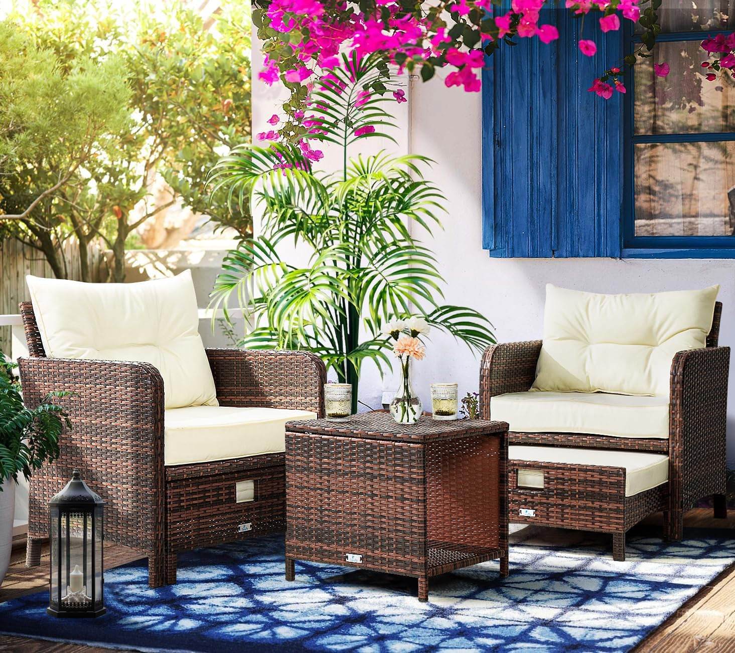 5 Pieces Patio Furniture Set, Rattan Balcony Furniture with Ottomans, PE Wicker Outdoor Patio Chairs Set with Coffee Table for Poolside, Porch, Lawn, Garden, Balcony(Beige) - Loft&Timber