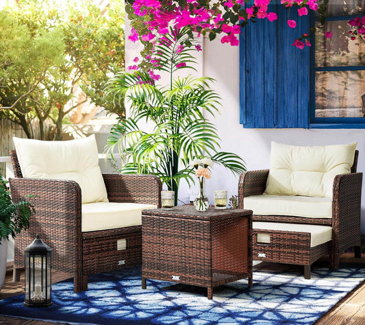 5 Pieces Patio Furniture Set, Rattan Balcony Furniture with Ottomans, PE Wicker Outdoor Patio Chairs Set with Coffee Table for Poolside, Porch, Lawn, Garden, Balcony(Beige) - Loft&Timber