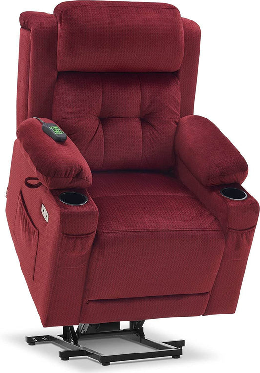 Lay Flat Lift Recliner with Power Headrest, Massage and Heat, Fabric, Burgundy, Small - Loft&Timber