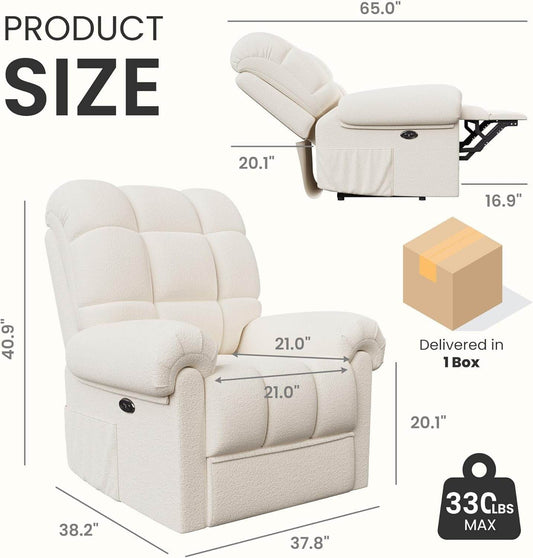 2024 New Power Recliner Chair for Adults, Adjustable Electric Recliner Power Recliner, USB Port, Ultra-Comfy Teddy Fleece Recliner for Living Room, Tool-Less Assembly Single Sofa, Beige White - Loft&Timber
