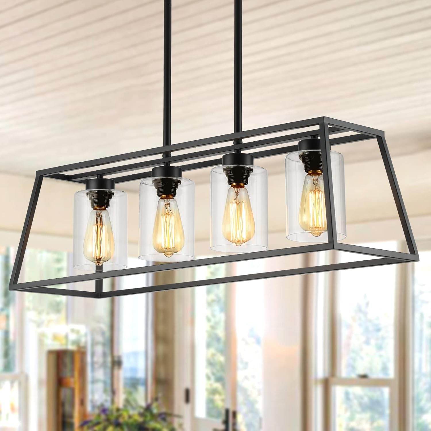 Black Farmhouse Chandeliers for Dining Room, Rustic Kitchen Island Light Fixture, 4-Light Linear Pendant Lights Kitchen Island with Glass Shade ,Apply to Dining Room Light Fixtures over Table - Loft&Timber