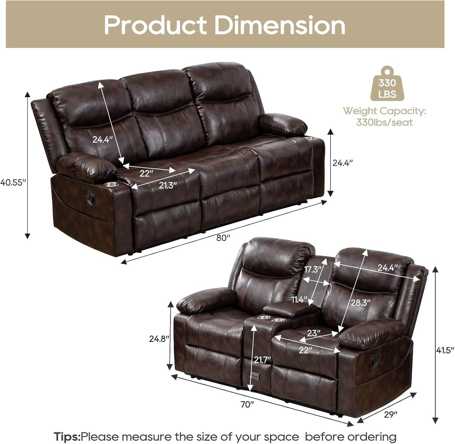 Recliner Sofa Set - Reclining Sofa Couch Set, 2 Pieces Recliner Furniture Sofa Set, 3-Seater Reclining Sofa & 2-Seater Reclining Loveseat with Massage & Heat for Living Room (Brown) - Loft&Timber
