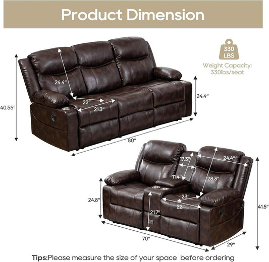 Recliner Sofa Set - Reclining Sofa Couch Set, 2 Pieces Recliner Furniture Sofa Set, 3-Seater Reclining Sofa & 2-Seater Reclining Loveseat with Massage & Heat for Living Room (Brown) - Loft&Timber