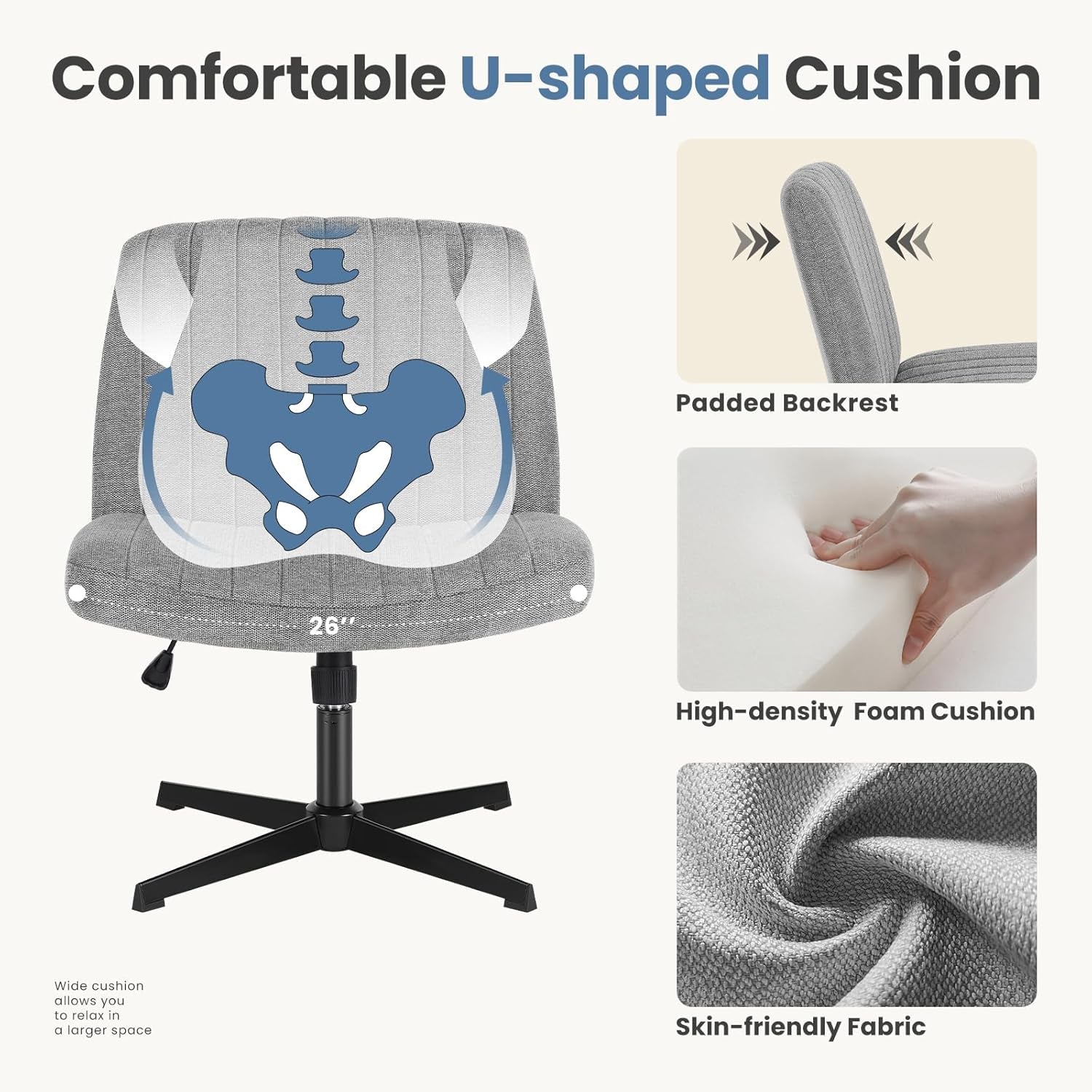 Cross Legged Office Chair, Armless Wide Desk Chair No Wheels, Modern Home Office Desk Chair Swivel Adjustable Fabric Vanity Chair-3